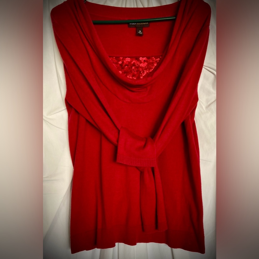 VGUC DANA BACHMAN Sz-M Vintage Red Christmas Top /w Draped & Sequined Neckline🎄